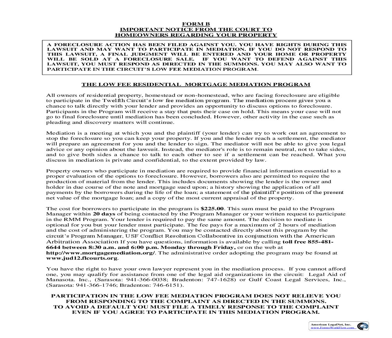 Important Notice From The Court To Homeowners Regarding Your Property [To Be Filed With Complaint] {Form B} |  | Florida